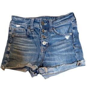 American Eagle Hi-Rise Shortie Denim Shorts Button Fly Distressed Blue Womens 00